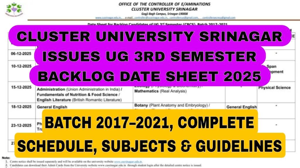 CUS UG 3rd Sem Backlog Date Sheet 2025